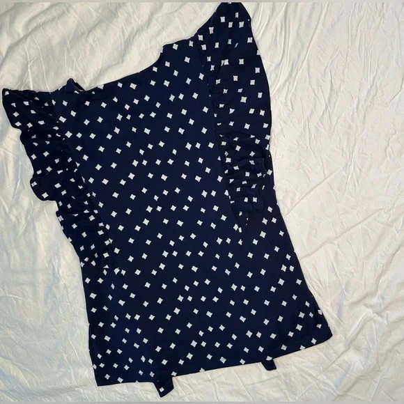 Vineyard Vines Ruffle Sleeve Cotton Top Navy White Dot Print Size M - Picture 10 of 11